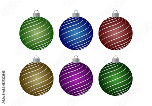 Seis bolas  de navidad con rayas blancas diagonales en colores variados, dispuestas en dos filas ordenadas
