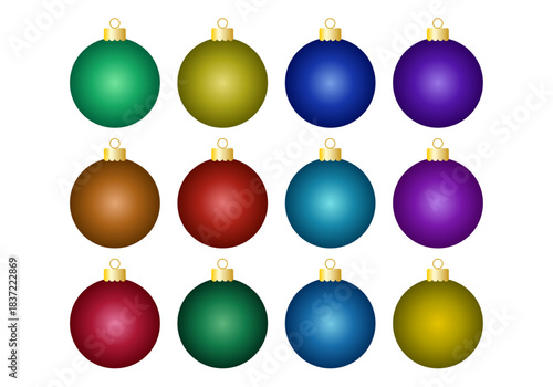 Doce bolas navideñas en colores variados con parte doradas