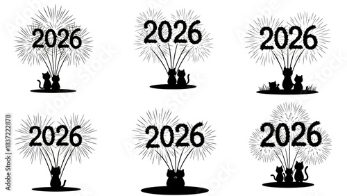 New year 2026 fireworks display with silhouette cats sitting and watching celebration, featuring various arrangements of feline figures enjoying festive show