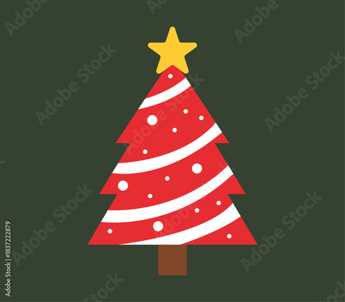Árbol de navidad rojo con rayas blancas, puntos decorativos y estrella amarilla sobre fondo verde oscuro.