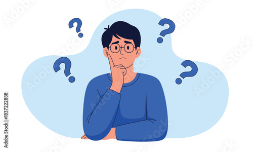 Flat vector illustration of a young man wearing glasses with a pensive expression, surrounded by floating blue question marks, symbolizing confusion and problem solving