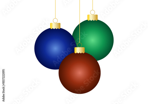 Bolas de navidad en rojo, verde y azul en fondo blanco