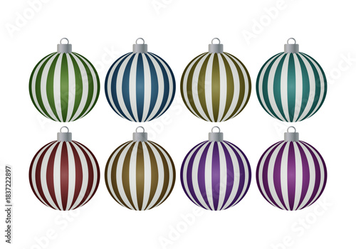 Ocho bolas de navidad con rayas verticales en colores variados en fondo blanco
