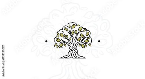 Elegant line art logo of an ancient, gnarled olive tree with a full canopy of leaves and olives, symbolizing wisdom, peace, and nature's longevity.