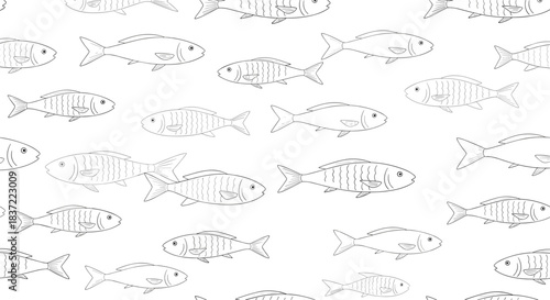 Simple seamless pattern background featuring various types of fish drawn in a clean, black and white dotted line art style, perfect for nautical or fishing themes.