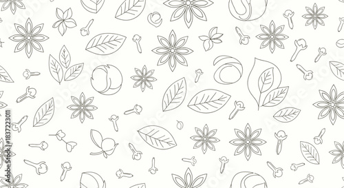 A minimalist seamless pattern of mulled wine spices, including star anise, cloves, cinnamon sticks, and bay leaves, drawn in a simple dotted line art style.