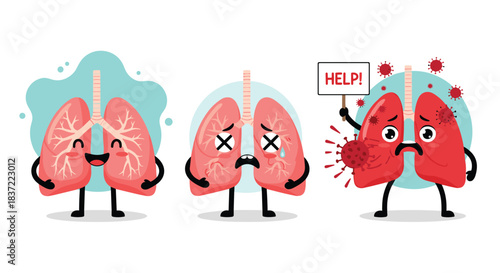 Set of cartoon lung characters showing different health states: healthy and happy, sick and dead, and infected with a virus asking for help, for medical awareness.