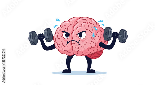 A determined cartoon brain character lifting heavy dumbbells and sweating, humorously illustrating concepts of brain training, mental exercise, and intellectual strength.