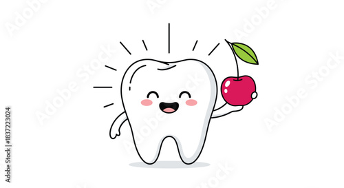 Cute cartoon tooth character smiling happily while holding a fresh red cherry, illustrating the concept of healthy teeth and eating nutritious fruits.