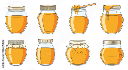 A comprehensive set of honey jars in various shapes and sizes, illustrated in a clean line art style with color, showing different caps and honey dippers.