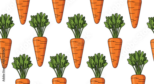 A bright and healthy seamless pattern of fresh orange carrots with vibrant green tops, creating a cheerful and organic background for food or gardening themes.
