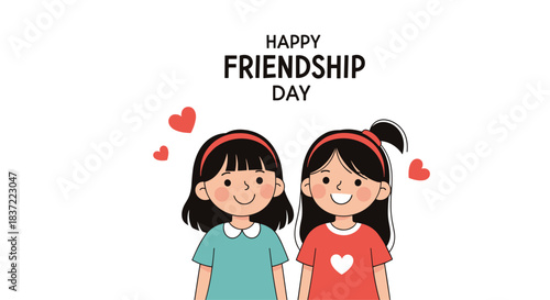Charming illustration for Friendship Day featuring two cute girls with happy smiles, standing together with hearts floating around them, celebrating their bond.
