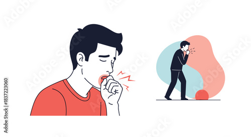 Medical illustration showing a man coughing due to illness, with a detailed close-up and a full-body view, representing symptoms of cold, flu, or bronchitis.