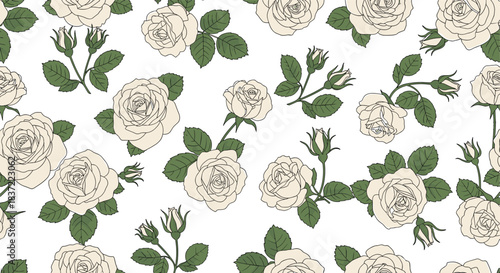 Elegant seamless floral pattern with beautiful off-white or cream-colored roses and green leaves on a white background, perfect for romantic, vintage, or wedding designs.