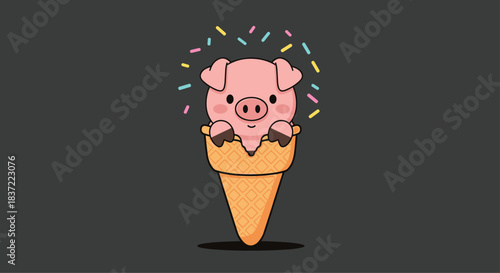 An adorable cartoon piglet sitting inside an ice cream cone with colorful sprinkles falling around it, creating a cute and funny character design for food lovers.