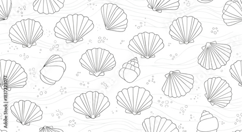 Minimalist seamless pattern of seashell outlines on a white background with subtle wavy lines and bubbles, creating a clean and simple nautical or beach-themed design.