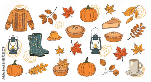 A charming collection of cozy autumn elements, featuring a knitted sweater, rubber boots, pumpkins, pie, a lantern, and fall leaves, perfect for seasonal designs.