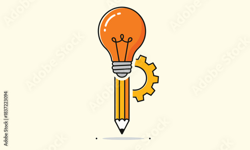 Flat outline vector illustration of a glowing lightbulb connected to a pencil and a rotating gear, symbolizing creative process and innovative ideas