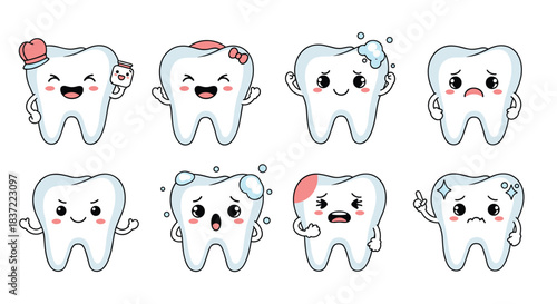 A cute set of kawaii tooth characters showing a range of emotions and conditions, from happy and clean to sad, angry, and in pain, for dental education.
