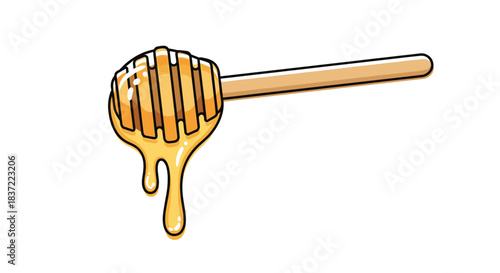 A simple and sweet cartoon illustration of a wooden honey dipper with golden, sticky honey dripping from it, isolated on a clean white background for food designs.