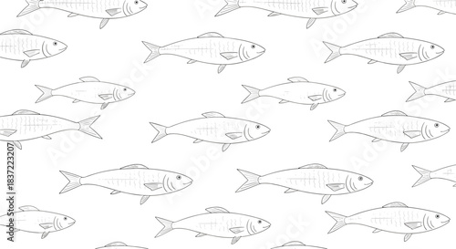 A minimalist seamless pattern background featuring various types of fish drawn in a clean, black and white dotted line art style, perfect for nautical themes.