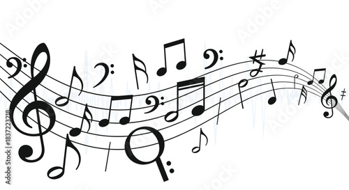 An abstract musical background with a flowing staff of various black music notes and symbols, such as treble and bass clefs, creating a dynamic melody concept.