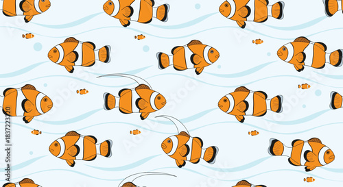 A colorful seamless underwater pattern featuring cute clownfish swimming among blue waves, perfect for children's decor, fabric, or aquarium-themed designs.
