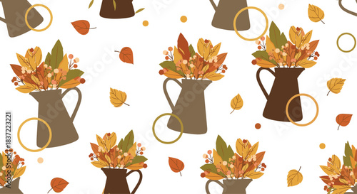 A cozy and warm seamless autumn pattern with bouquets of fall leaves in rustic pitchers, falling leaves, and abstract circles on a clean white background.