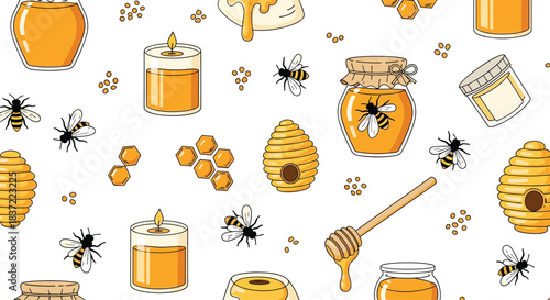 A delightful seamless pattern featuring cute cartoon bees, honey jars, honeycombs, beehives, and candles, perfect for beekeeping or natural product-themed designs.
