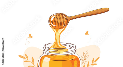 A beautiful, detailed illustration of a wooden honey dipper being lifted from a glass jar, with golden honey dripping smoothly back into the pot surrounded by bees.