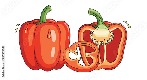 A vibrant cartoon illustration of a whole red bell pepper alongside another one sliced in half to show the seeds, plus a single ring slice for cooking concepts.