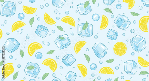 A cool and refreshing seamless pattern featuring lemon wedges, ice cubes, mint leaves, and bubbles on a light blue background, perfect for summer lemonade themes.