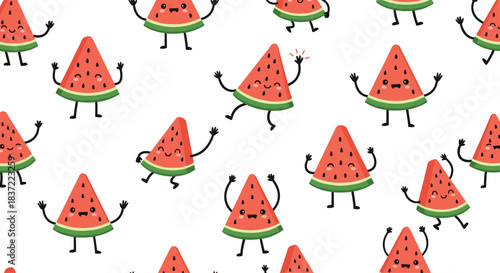 Playful seamless pattern of happy cartoon watermelon slices with cute faces, arms, and legs dancing on a simple white background.
