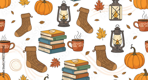 Cozy and warm autumn-themed seamless pattern with knitted socks, stacks of books, lanterns, pumpkins, and mugs of hot drinks.