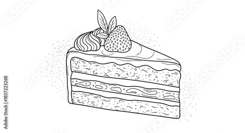 Detailed black and white line art illustration of a delicious slice of layer cake topped with cream, a strawberry, and mint.