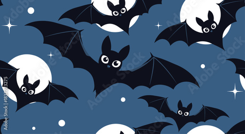 Spooky and cute seamless Halloween pattern featuring cartoon bats flying in front of a full moon against a dark blue starry sky.