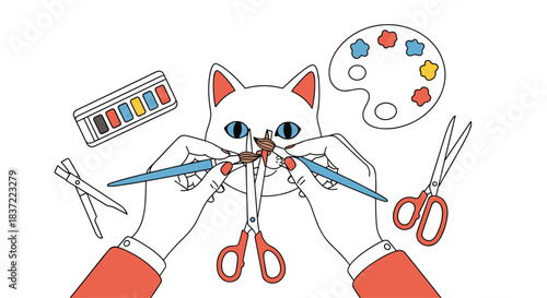 Creative concept illustration showing a pair of hands holding paintbrushes to paint a cat mask, surrounded by art supplies.