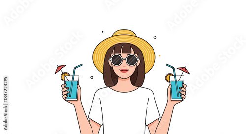 Cheerful illustration of a stylish young woman in a sun hat and sunglasses holding two tropical cocktails for a summer party.