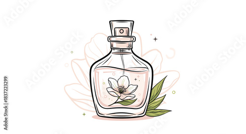 Elegant hand-drawn illustration of a glass perfume bottle with a floral scent, featuring a delicate flower inside and green leaves.