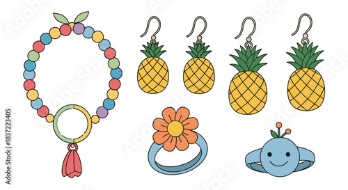 Playful and colorful collection of children's jewelry, including a beaded bracelet, pineapple earrings, and a flower ring.