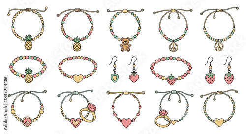Large collection of trendy, handmade friendship bracelets and jewelry in a Y2K aesthetic, featuring various charms and colorful beads.