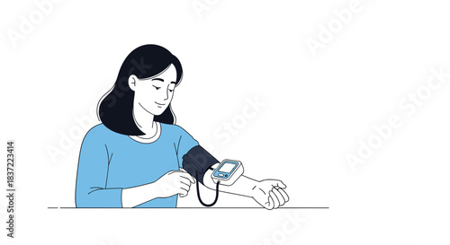 Minimalist line art illustration of a woman calmly measuring her own blood pressure at home using an automatic sphygmomanometer.