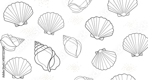 Minimalist seamless pattern of various seashells drawn in a simple black and white outline style, perfect for a subtle beach theme.
