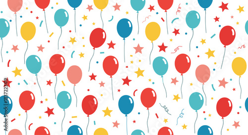 Joyful and festive seamless pattern of colorful balloons, confetti, and stars, perfect for birthday parties and celebration backgrounds.