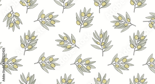Simple and elegant seamless pattern of hand-drawn olive branches with green olives, creating a natural and organic background design.