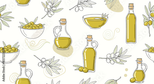 Elegant seamless pattern featuring hand-drawn illustrations of olive oil in bottles and bowls, alongside fresh olive branches.