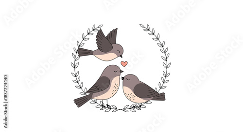 Sweet and romantic illustration of a family of three cute birds, with one flying above two others, framed by a delicate wreath.