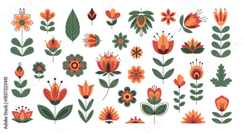 Large collection of stylized folk art flowers and leaves in warm orange and green tones, perfect for creating unique floral designs.
