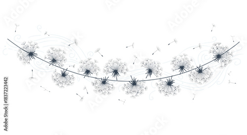 Delicate and whimsical garland made of dandelion clocks with their seeds blowing in the wind, illustrated in a fine line style.