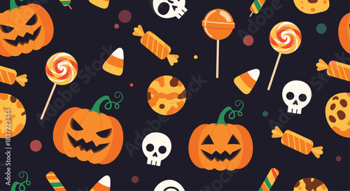 Spooky and fun seamless Halloween pattern featuring cartoon jack-o'-lanterns, skulls, and a variety of colorful candies and lollipops.